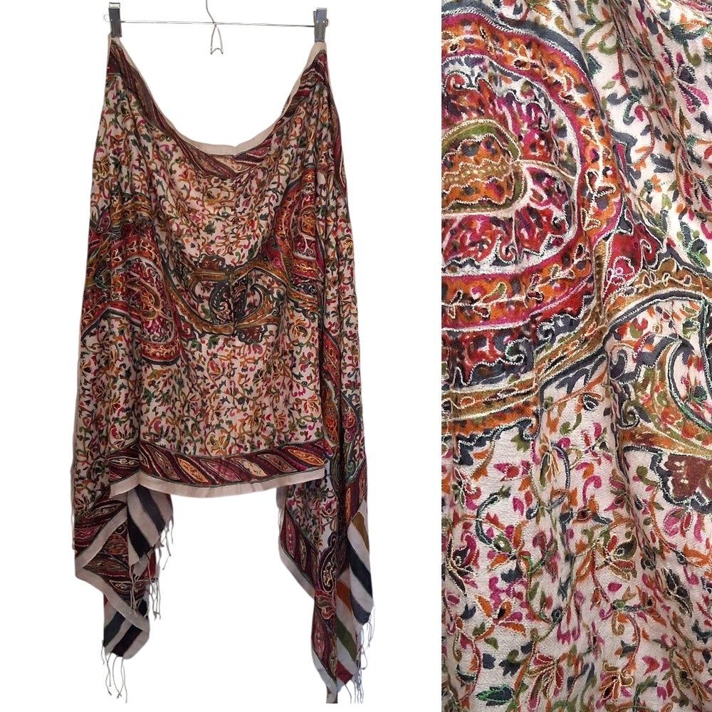 ​Intricate Embroidered Paisley Floral Scarf Shawl Wrap Striped Tassel Boho Luxe